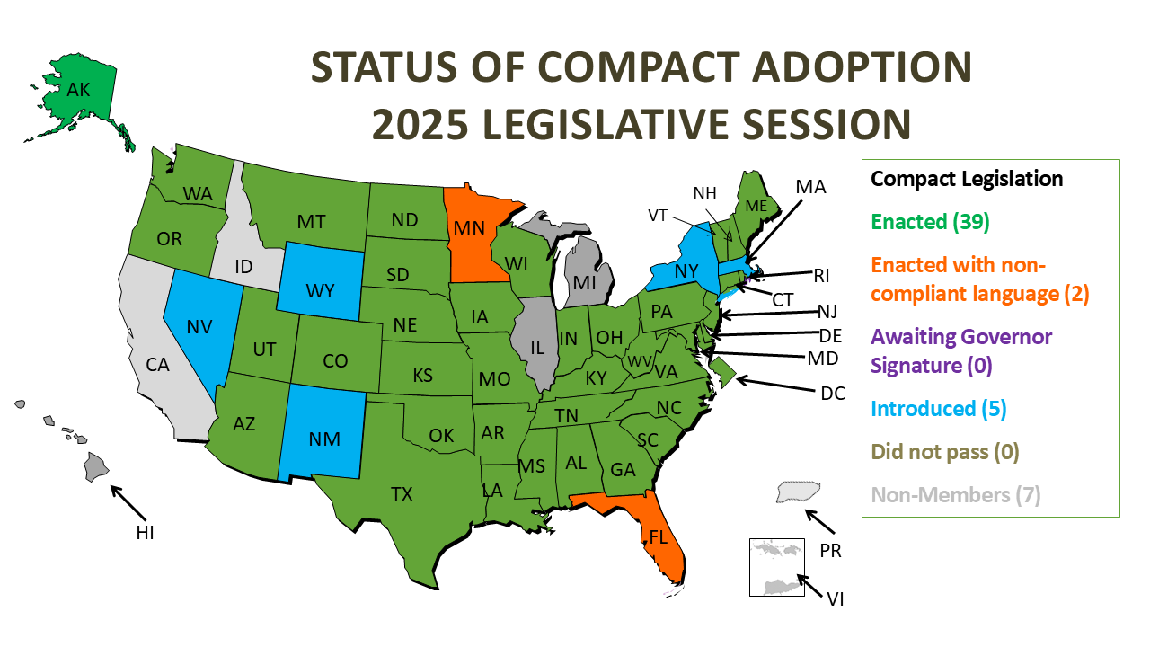 Map of the Status of Compact Adoption in the 2021 Legislative Session. Compact Legislation Enacted (26). Compact legislation awaiting governor signature (0). Compact Legislation passed on chamber (0). Compact legislation introduced (4). Session closed without passage (1). 